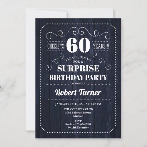 Surprise 60th Birthday _ Navy Wood Pattern Invitation