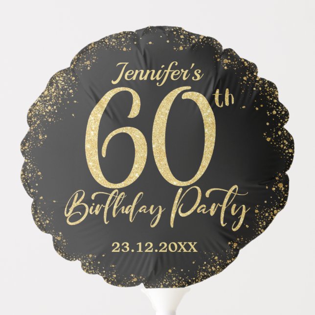 Surprise 60th Birthday Party Black & Gold Glitter Balloon (Front)