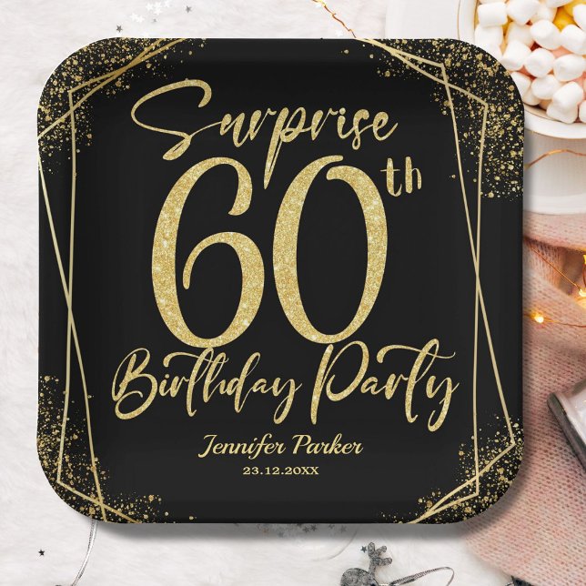Surprise 60th Birthday Party Black & Gold Glitter Paper Plates (Creator Uploaded)