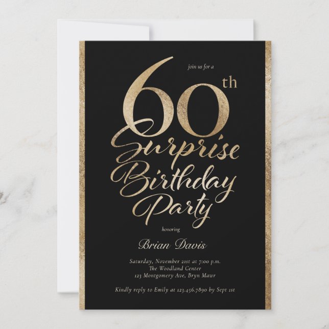 Surprise 60th Birthday Party Black & Gold Invitation (Front)
