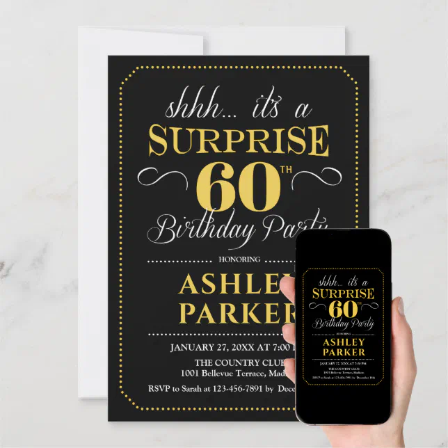 Surprise 60th Birthday Party - Black Gold Invitation | Zazzle