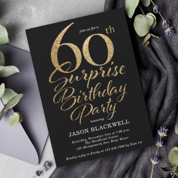 Surprise 60th Birthday Party Black & Gold Invitation by Maeville at Zazzle