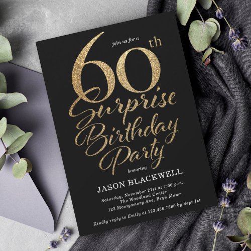 Surprise 60th Birthday Party Black  Gold Invitation
