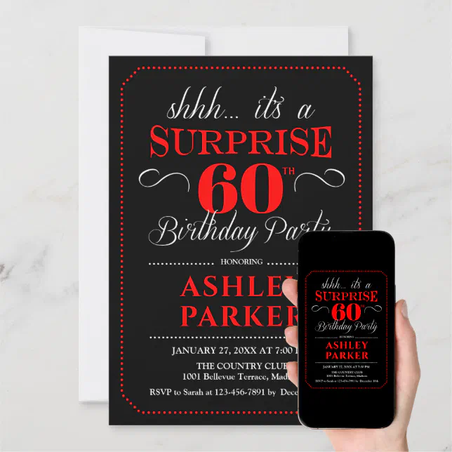 Surprise 60th Birthday Party - Black Red White Invitation | Zazzle