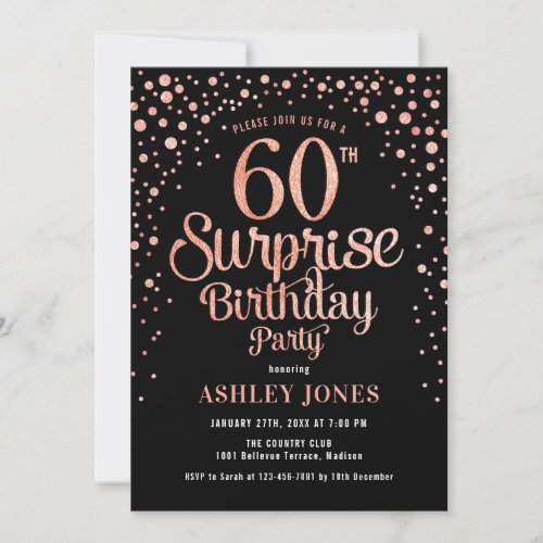 Surprise 60th Birthday Party _ Black  Rose Gold Invitation