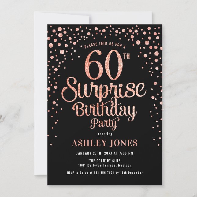 Surprise 60th Birthday Party - Black & Rose Gold Invitation (Front)
