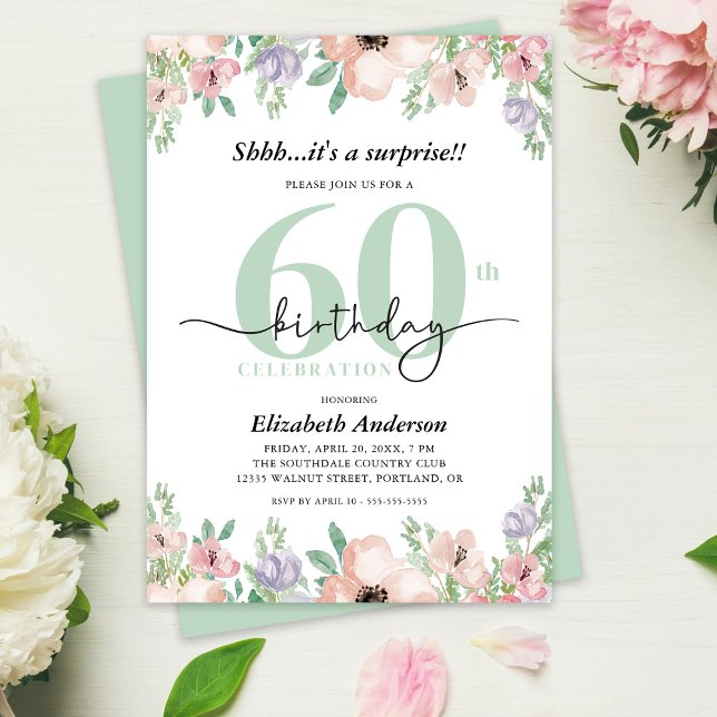 Surprise 60th Birthday Party Elegant Pastel Floral Invitation (Creator Uploaded)