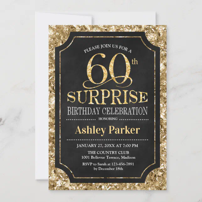 Surprise 60th Birthday Party - Gold Black Invitation | Zazzle