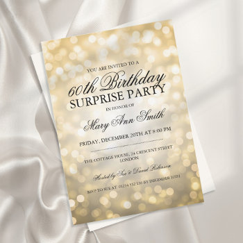 Surprise 60th Birthday Party Gold Glitter Lights Invitation by Rewards4life at Zazzle