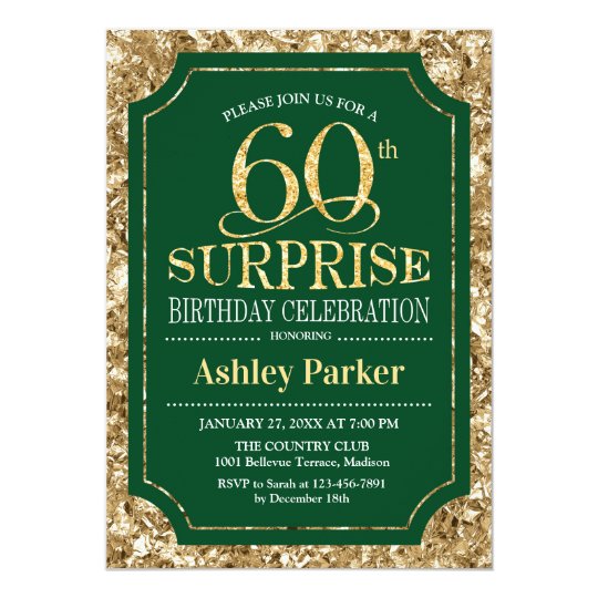 Surprise 60th Birthday Party - Gold Green Invitation | Zazzle.com