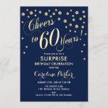 Surprise 60th Birthday Party - Gold Navy Invitation<br><div class="desc">Surprise 60th Birthday Party Invitation
Elegant design with faux glitter gold and navy blue. Features script font and confetti. Cheers to 60 Years! Message me if you need a custom age.</div>