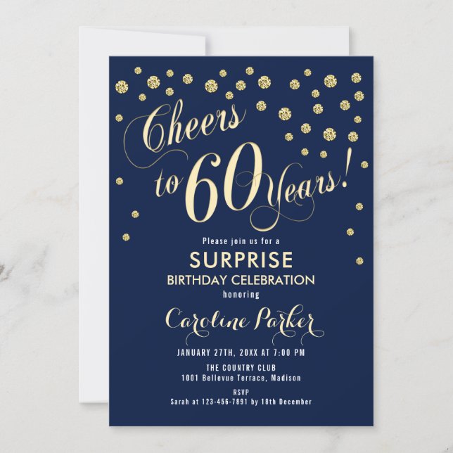 Surprise 60th Birthday Party - Gold Navy Invitation (Front)