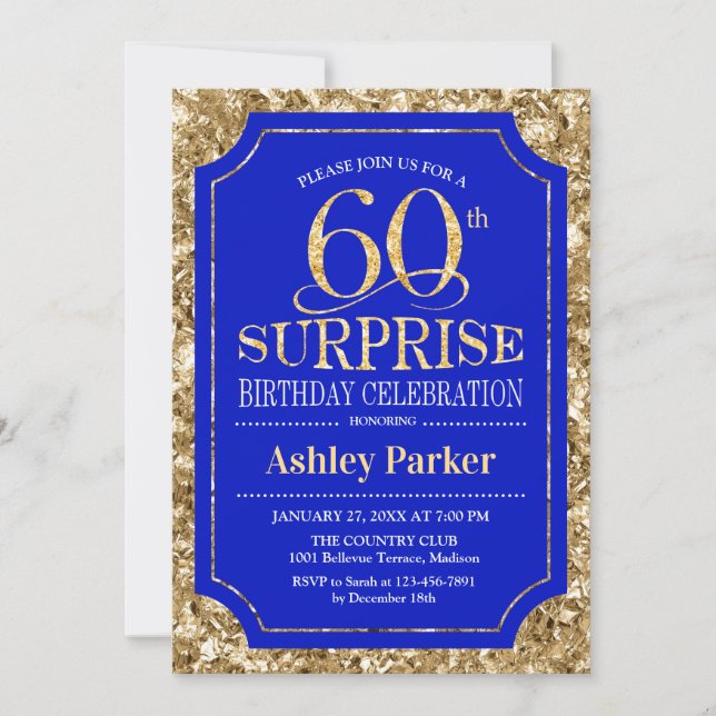 Surprise 60th Birthday Party - Gold Royal Blue Invitation (Front)