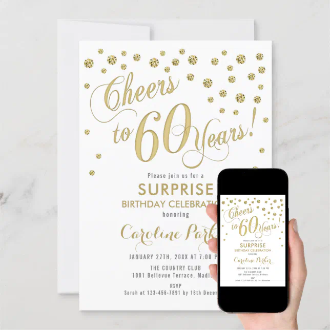 Surprise 60th Birthday Party - Gold White Invitation | Zazzle