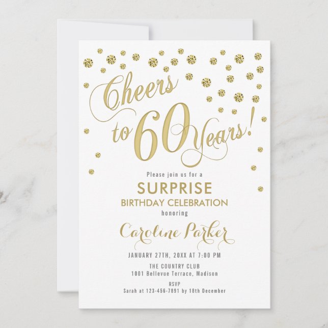 Surprise 60th Birthday Party Gold White Invitation (Front)