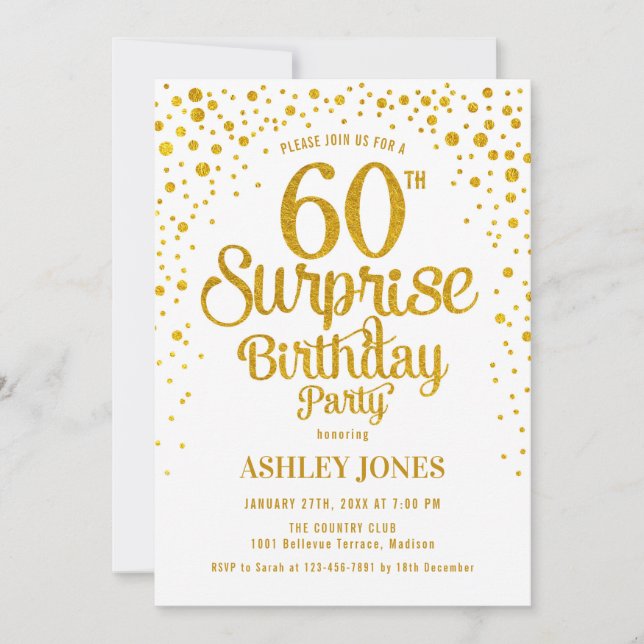Surprise 60th Birthday Party - Gold & White Invitation (Front)