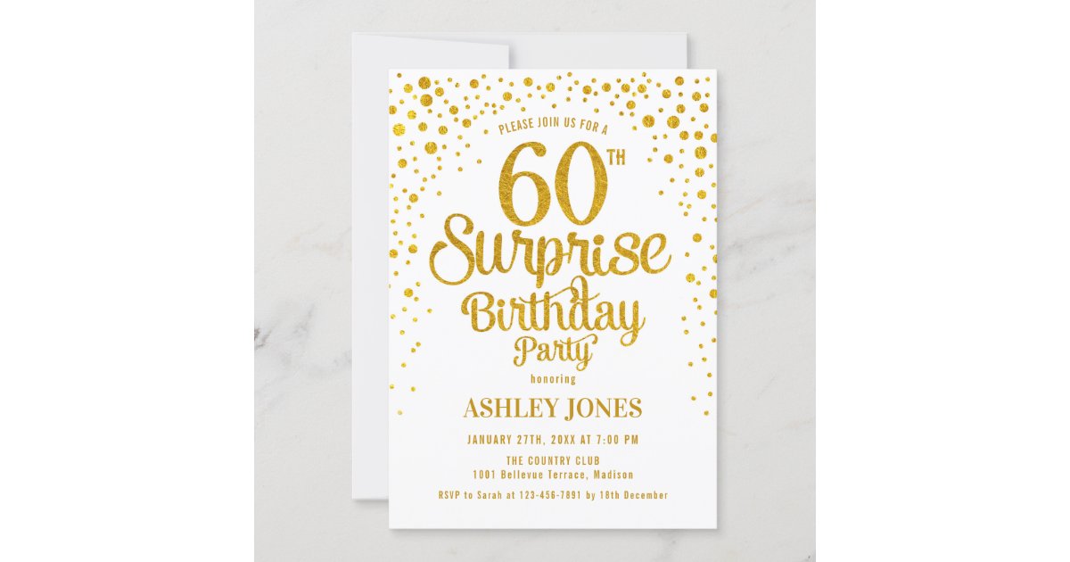 Surprise 60th Birthday Party - Gold & White Invitation | Zazzle