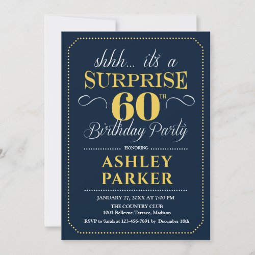 Surprise 60th Birthday Party _ Navy Gold Invitation