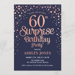 Surprise 60th Birthday Party - Navy & Rose Gold Invitation