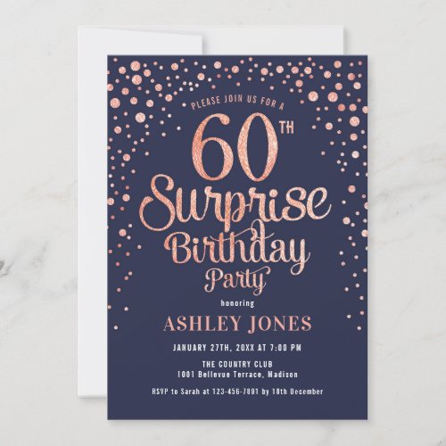 Surprise 60th Birthday Party _ Navy  Rose Gold Invitation