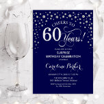Surprise 60th Birthday Party - Navy Silver Invitation<br><div class="desc">Surprise 60th Birthday Party Invitation.
Elegant design in navy blue and faux glitter silver. Features script font and diamonds confetti. Cheers to 60 Years! Message me if you need further customization.</div>