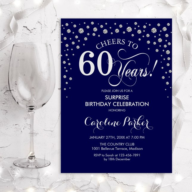 Surprise 60th Birthday Party - Navy Silver Invitation (Creator Uploaded)