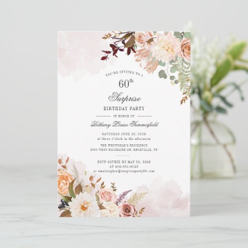 Surprise 60th Birthday Party Pastel Floral Script Invitation