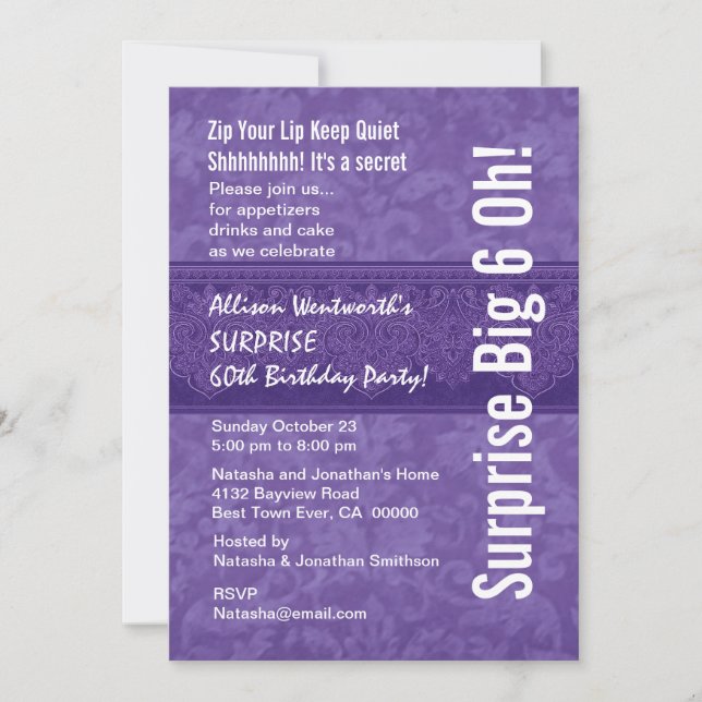 SURPRISE 60th Birthday Party Purple and White Invitation (Front)