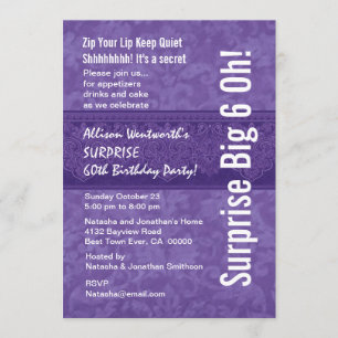 SURPRISE 60th Birthday Party Purple and White Invitation