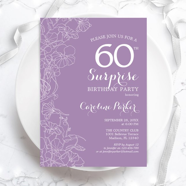 Surprise 60th Birthday Party - Purple Floral Invitation (Creator Uploaded)