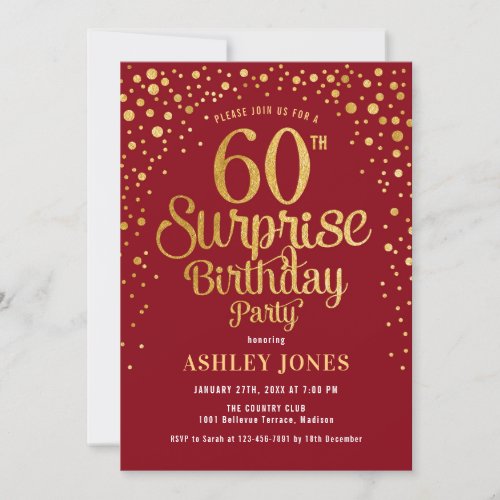 Surprise 60th Birthday Party _ Red  Gold Invitation