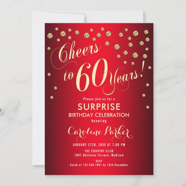 Surprise 60th Birthday Party - Red Gold Invitation (Front)