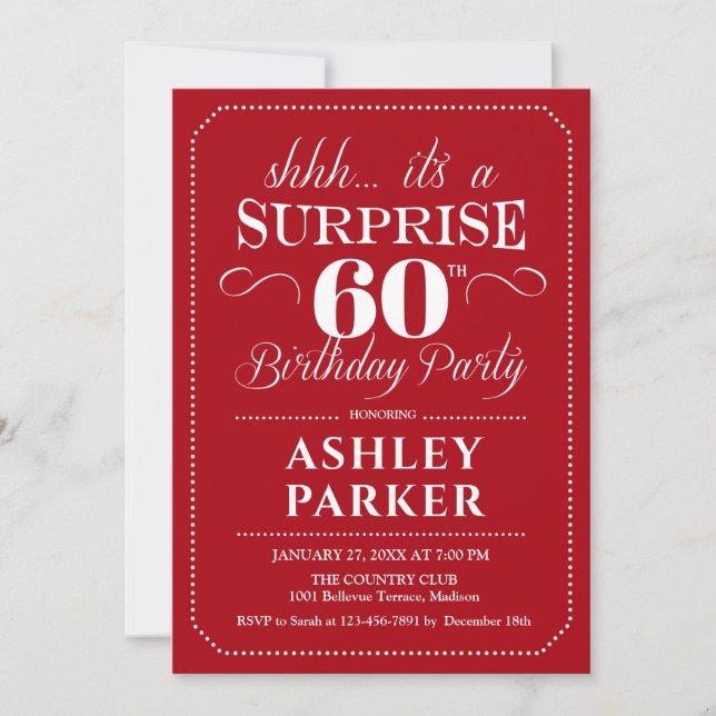 Surprise 60th Birthday Party - Red White Invitation (Front)