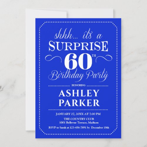 Surprise 60th Birthday Party _ Royal Blue White Invitation