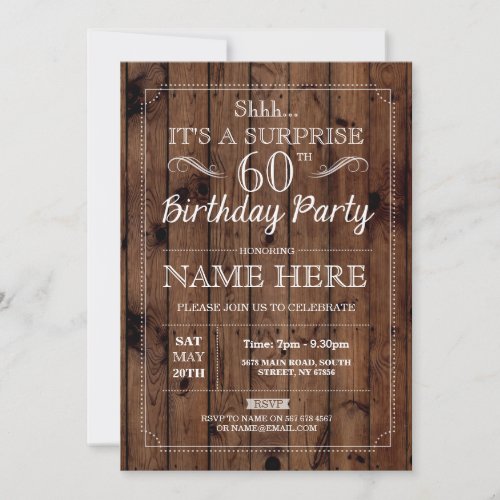 SURPRISE 60th Birthday Party Rustic Wood 60 Invite