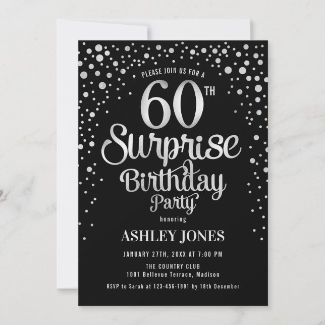 Surprise 60th Birthday Party - Silver & Black Invitation (Front)