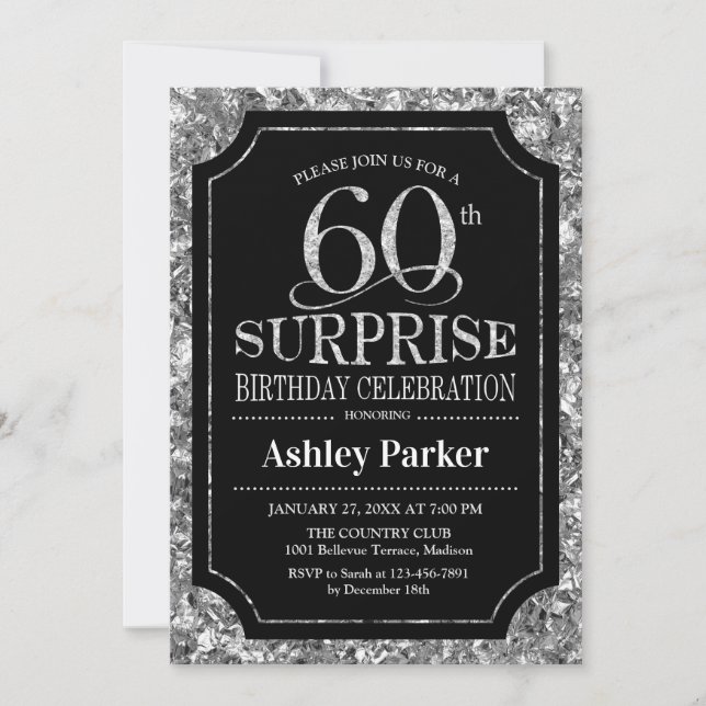 Surprise 60th Birthday Party - Silver Black Invitation (Front)