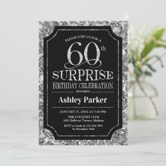 Surprise 60th Birthday Party - Silver Black Invitation | Zazzle