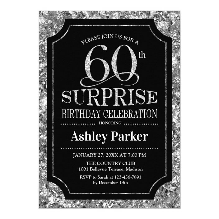 Surprise 60th Birthday Party - Silver Black Invitation | Zazzle.com