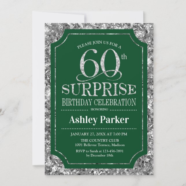 Surprise 60th Birthday Party - Silver Green Invitation (Front)