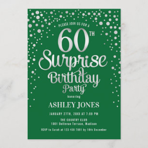 Surprise 60th Birthday Party - Silver & Green Invitation