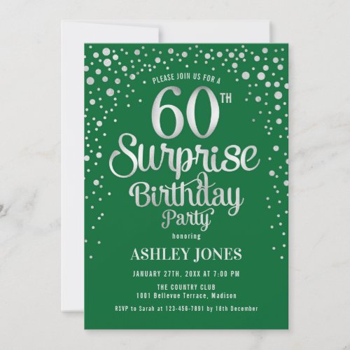 Surprise 60th Birthday Party _ Silver  Green Invitation