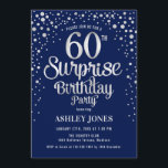 Surprise 60th Birthday Party - Silver & Navy Blue Invitation<br><div class="desc">Surprise 650th Birthday Party Invitation.
 Elegant design in navy blue and faux glitter silver. Features stylish script font and confetti. Message me if you need custom age.</div>