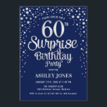 Surprise 60th Birthday Party - Silver & Navy Blue Invitation<br><div class="desc">Surprise 650th Birthday Party Invitation.
 Elegant design in navy blue and faux glitter silver. Features stylish script font and confetti. Message me if you need custom age.</div>