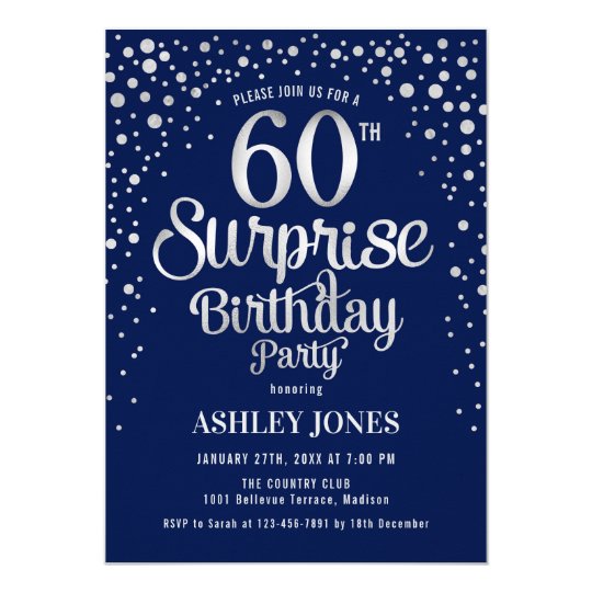 Surprise 60th Birthday Party - Silver & Navy Blue Invitation | Zazzle.com