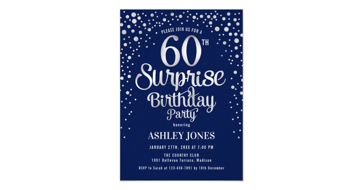 Surprise 60th Birthday Party - Silver & Navy Blue Invitation | Zazzle.com