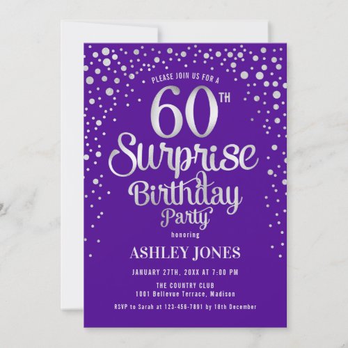 Surprise 60th Birthday Party _ Silver  Purple Invitation