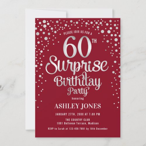 Surprise 60th Birthday Party _ Silver  Red Invitation