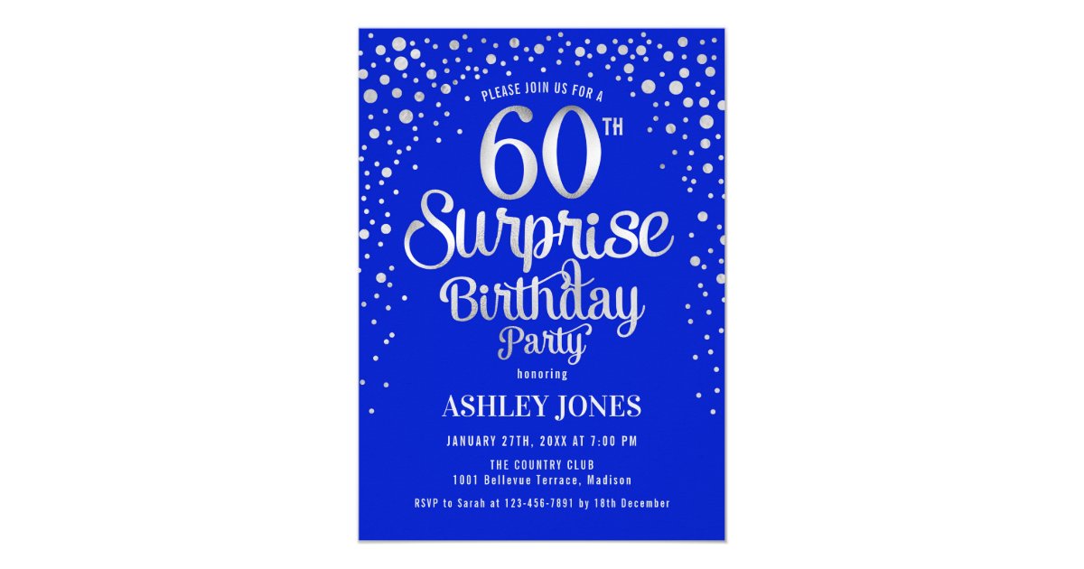 Surprise 60th Birthday Party - Silver & Royal Blue Invitation | Zazzle.com