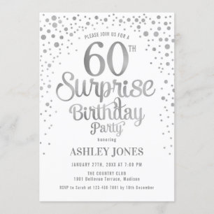 Surprise 60th Birthday Party - Silver & White Invitation